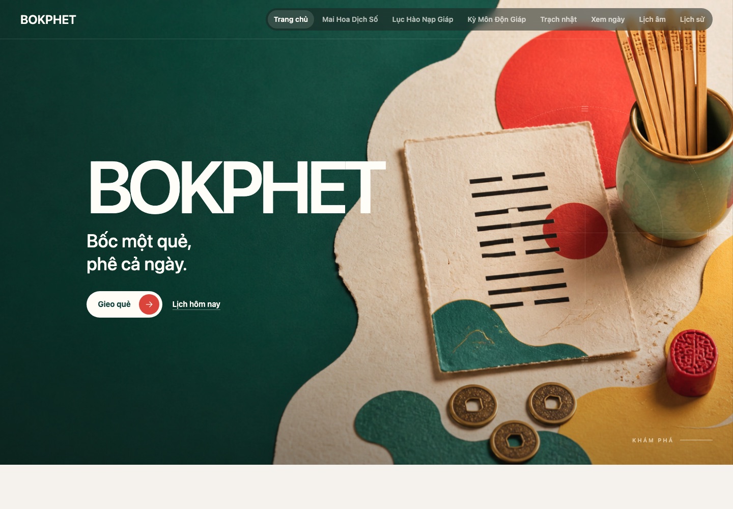 BOKPHET homepage showing its Vietnamese divination experience